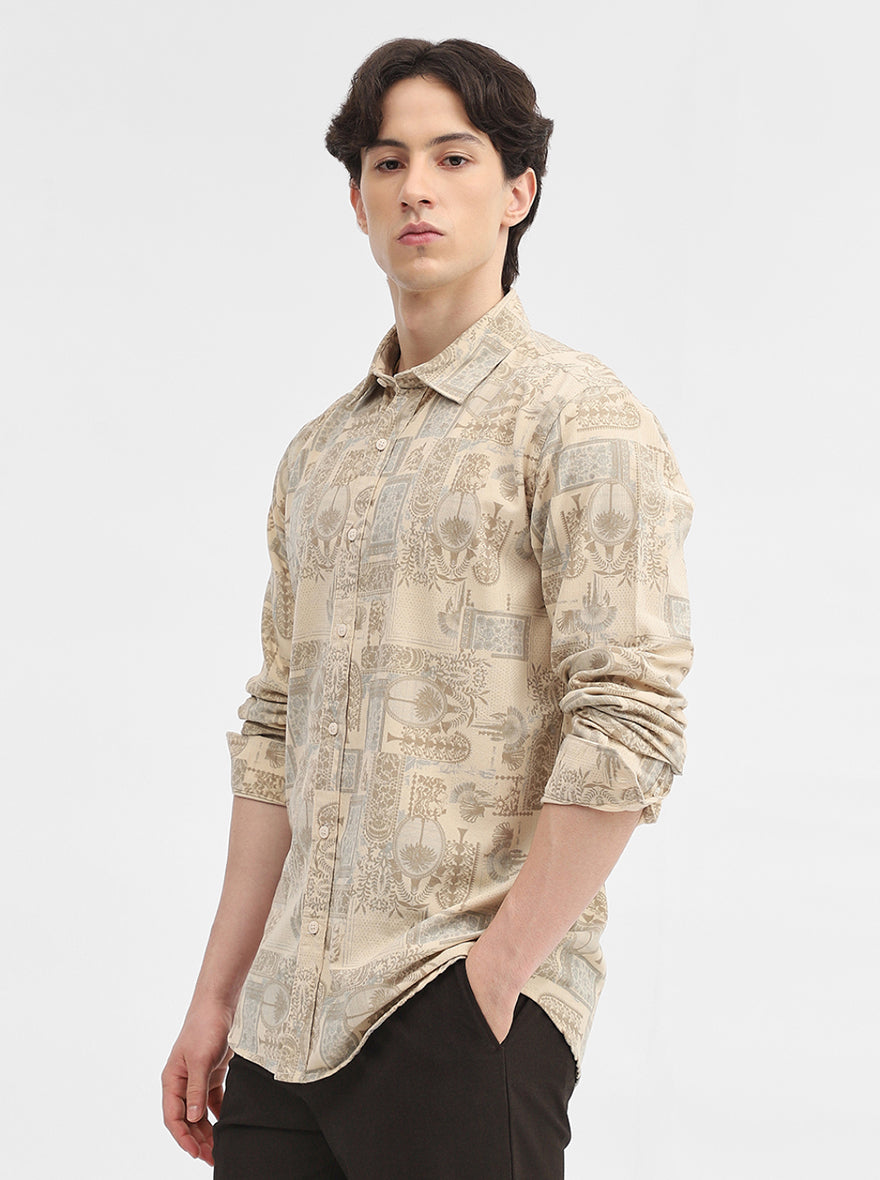 Cream Printed Slim Fit Casual Shirt | JadeBlue