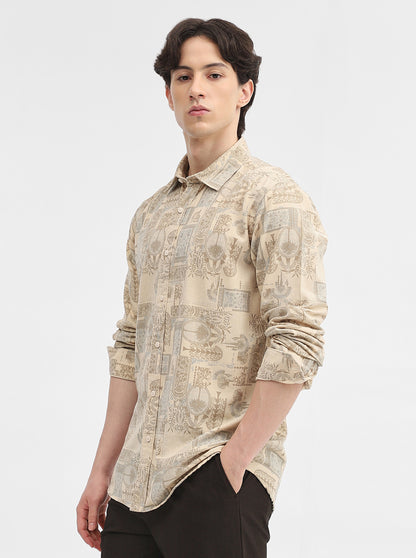 Cream Printed Slim Fit Casual Shirt | JadeBlue