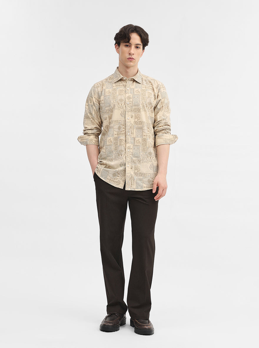 Cream Printed Slim Fit Casual Shirt | JadeBlue