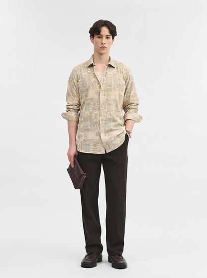 Cream Printed Slim Fit Casual Shirt | JadeBlue