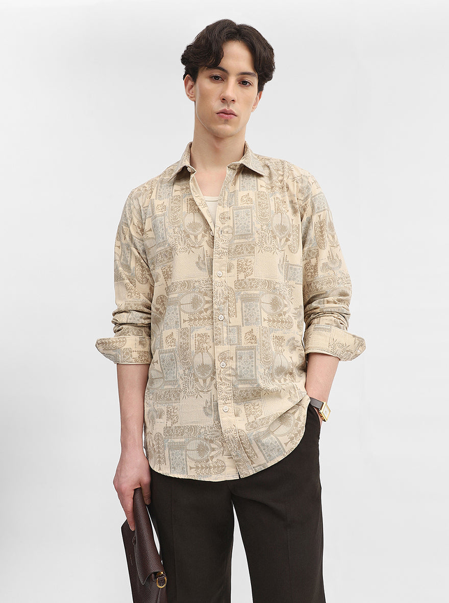 Cream Printed Slim Fit Casual Shirt | JadeBlue