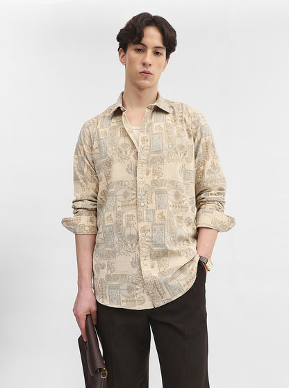 Cream Printed Slim Fit Casual Shirt | JadeBlue