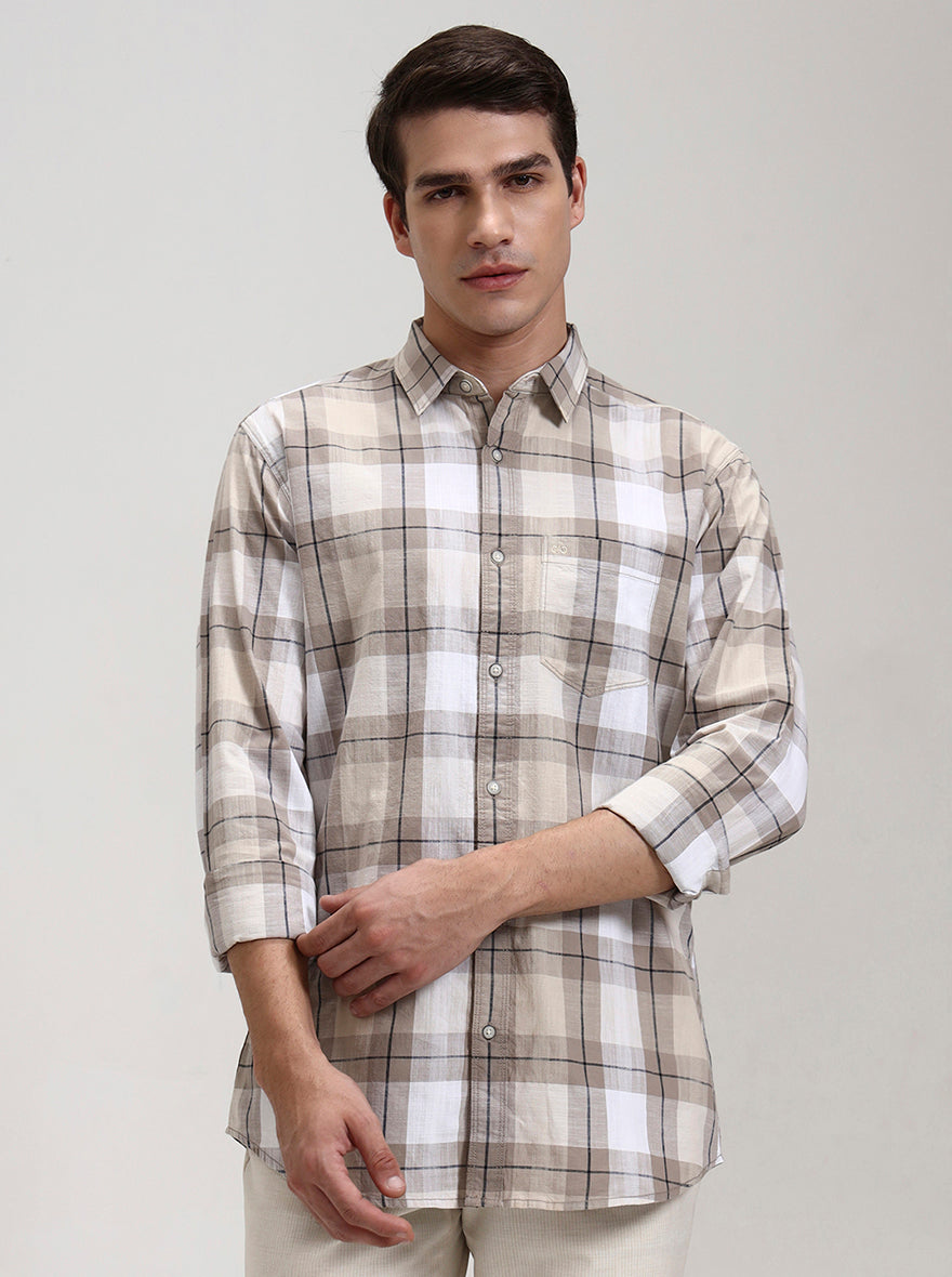 Beige Checked Slim Fit Casual Shirt | JadeBlue