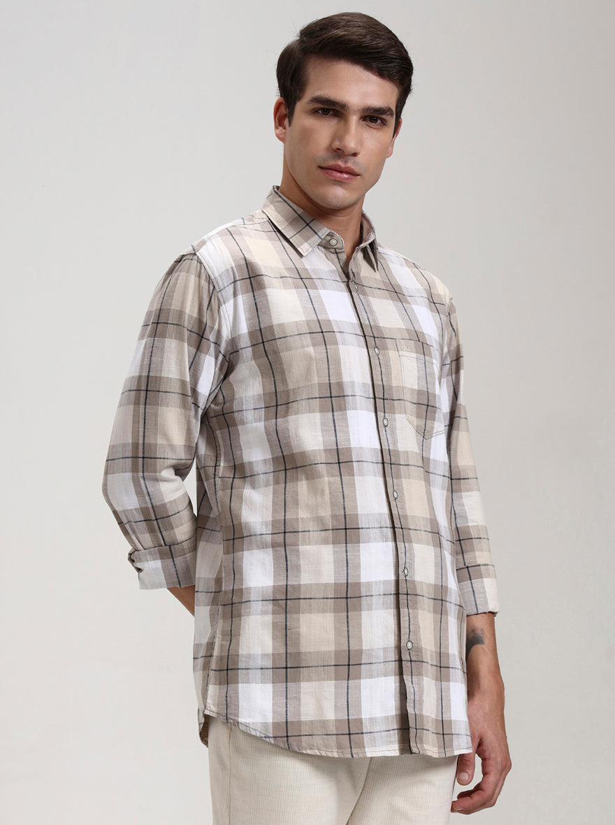 Beige Checked Slim Fit Casual Shirt | JadeBlue