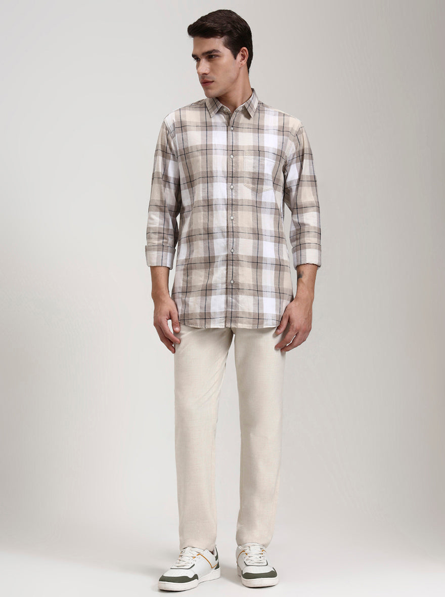 Beige Checked Slim Fit Casual Shirt | JadeBlue