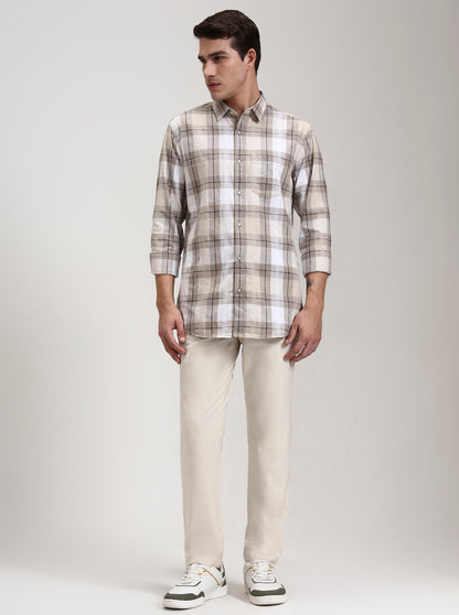 Beige Checked Slim Fit Casual Shirt | JadeBlue