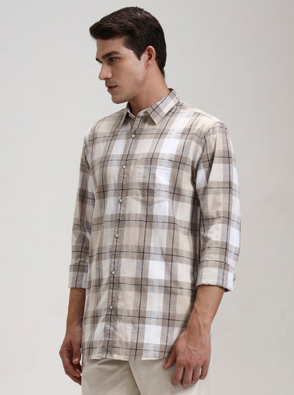 Beige Checked Slim Fit Casual Shirt | JadeBlue