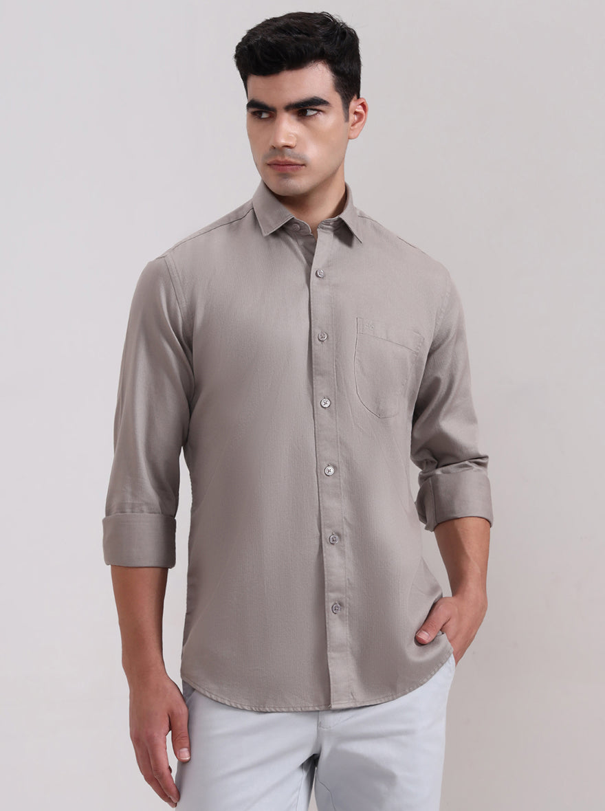 Stone Grey Solid Tailored Fit Semi Casual Shirt | JadeBlue