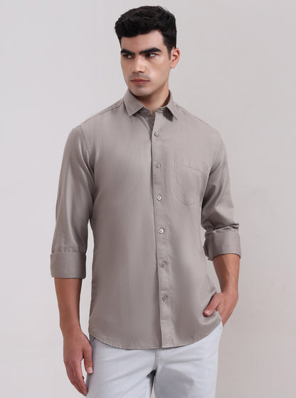 Stone Grey Solid Tailored Fit Semi Casual Shirt | JadeBlue