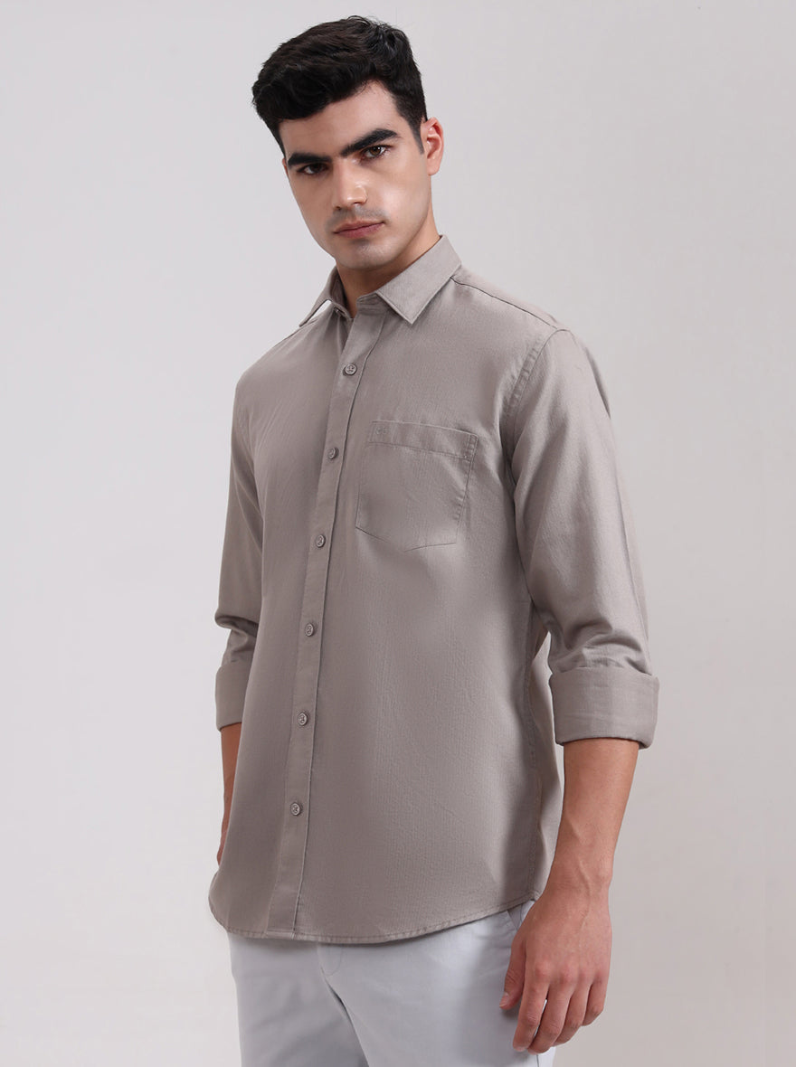 Stone Grey Solid Tailored Fit Semi Casual Shirt | JadeBlue