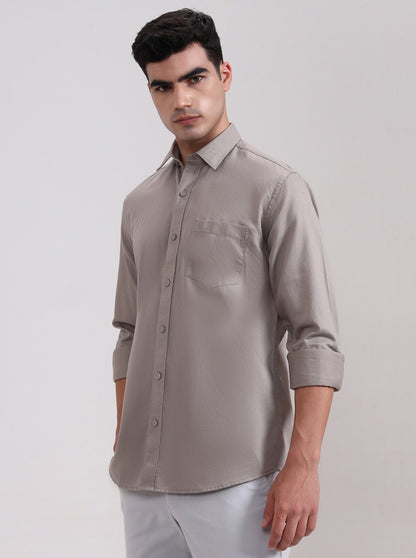 Stone Grey Solid Tailored Fit Semi Casual Shirt | JadeBlue