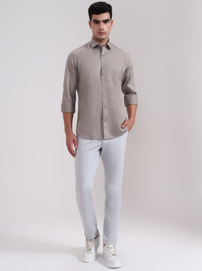 Stone Grey Solid Tailored Fit Semi Casual Shirt | JadeBlue