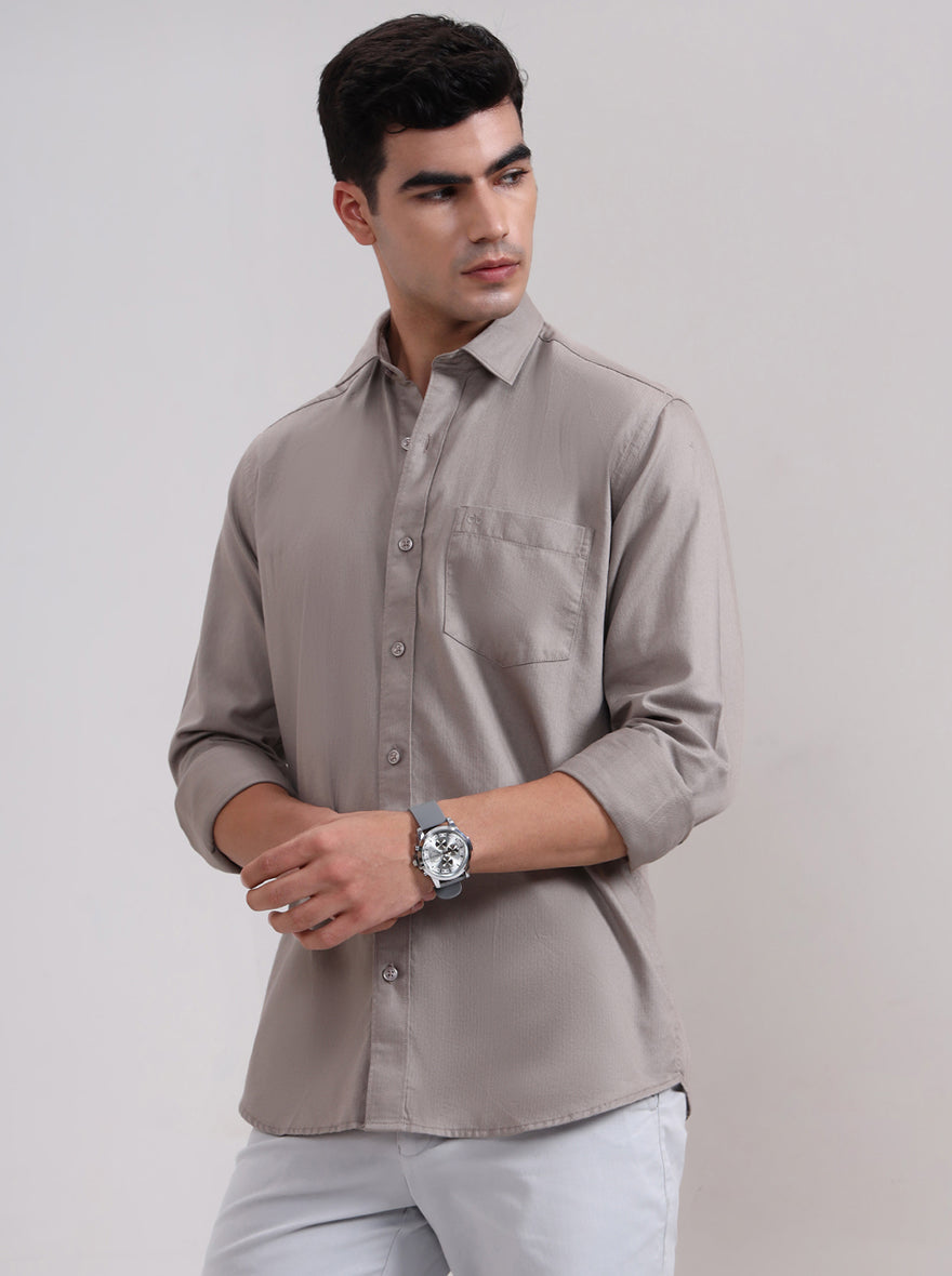 Stone Grey Solid Tailored Fit Semi Casual Shirt | JadeBlue