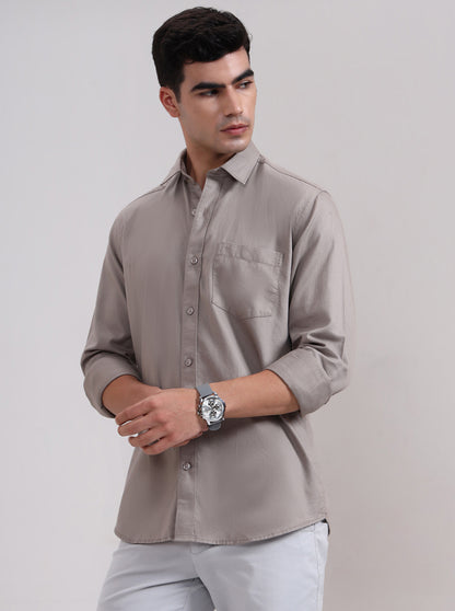 Stone Grey Solid Tailored Fit Semi Casual Shirt | JadeBlue