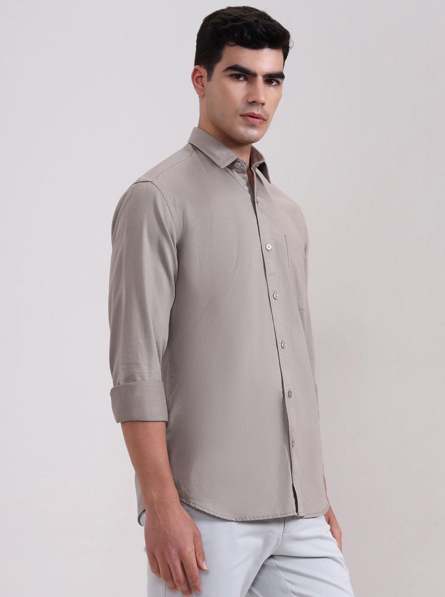 Stone Grey Solid Tailored Fit Semi Casual Shirt | JadeBlue