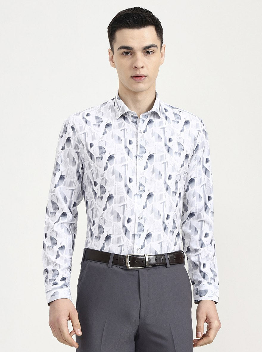 White & Grey Printed Slim Fit Party Wear Shirt | Greenfibre