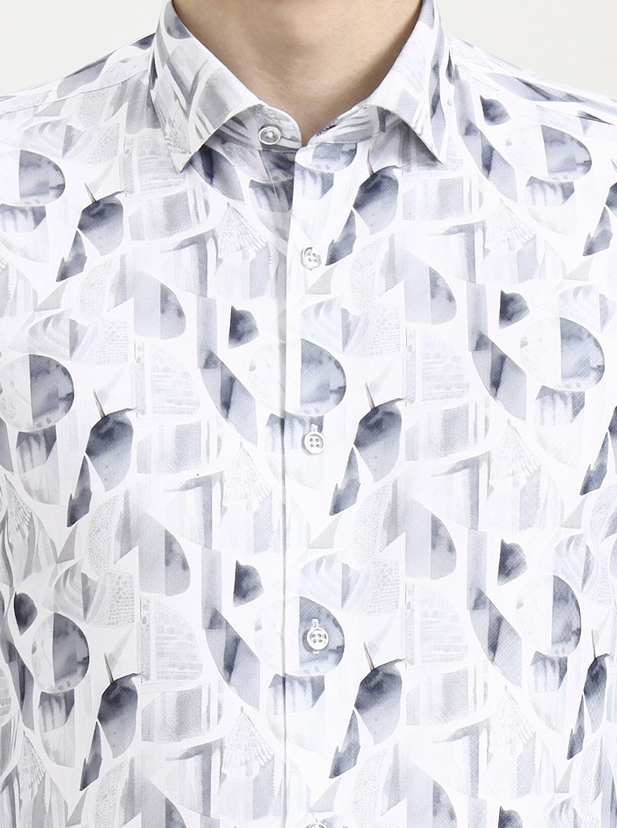 White & Grey Printed Slim Fit Party Wear Shirt | Greenfibre