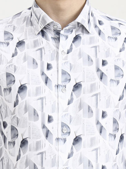 White & Grey Printed Slim Fit Party Wear Shirt | Greenfibre