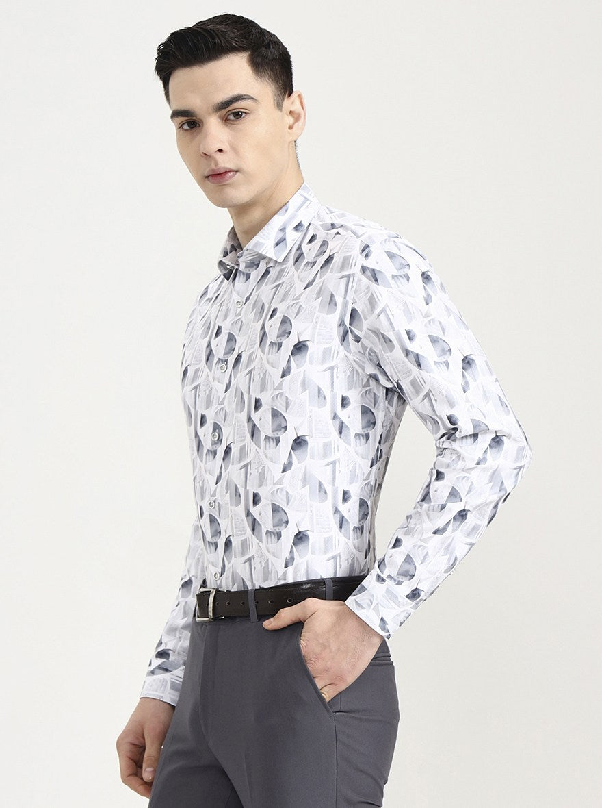 White & Grey Printed Slim Fit Party Wear Shirt | Greenfibre