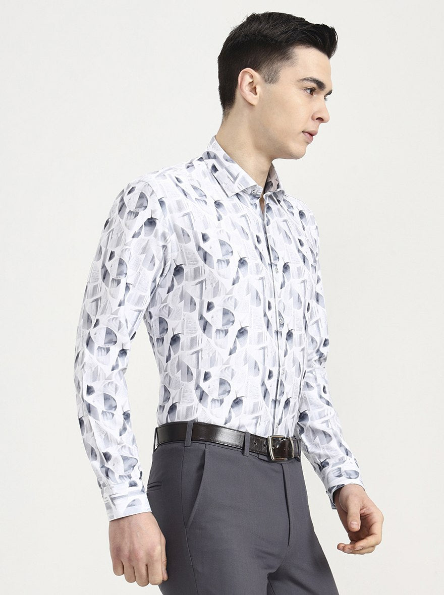 White & Grey Printed Slim Fit Party Wear Shirt | Greenfibre