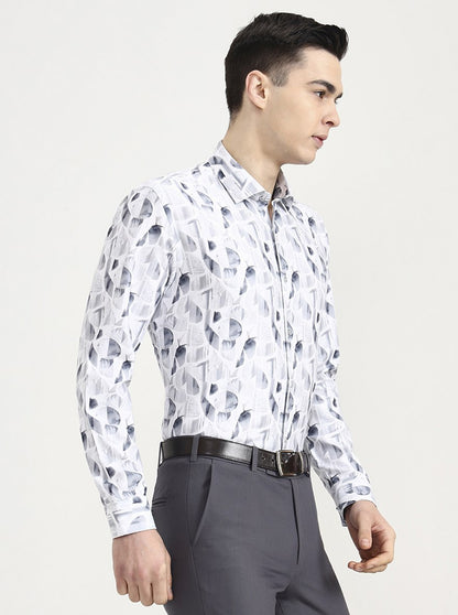 White & Grey Printed Slim Fit Party Wear Shirt | Greenfibre