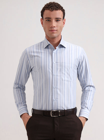 Sky Blue & White Striped Slim Fit Formal Shirt | Metal