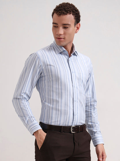 Sky Blue & White Striped Slim Fit Formal Shirt | Metal