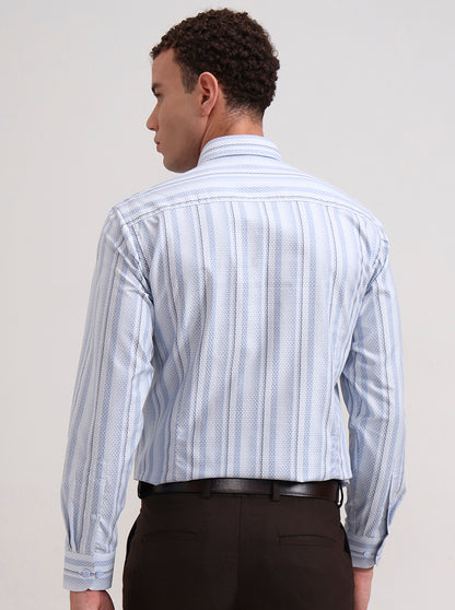 Sky Blue & White Striped Slim Fit Formal Shirt | Metal