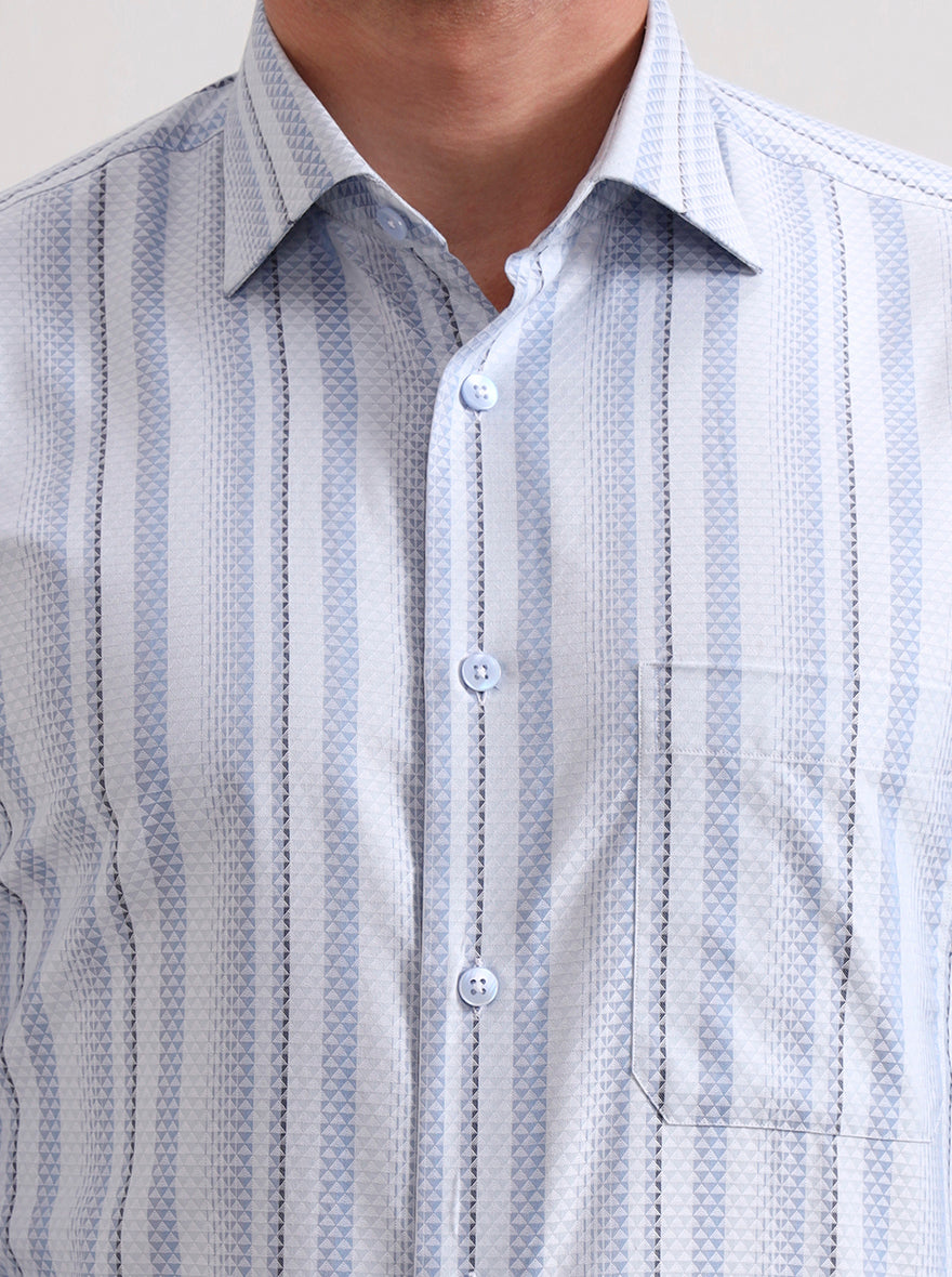 Sky Blue & White Striped Slim Fit Formal Shirt | Metal