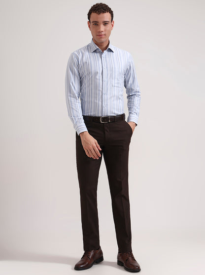 Sky Blue & White Striped Slim Fit Formal Shirt | Metal