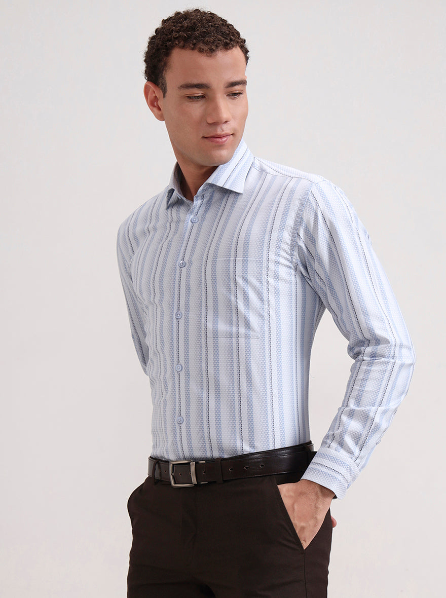 Sky Blue & White Striped Slim Fit Formal Shirt | Metal