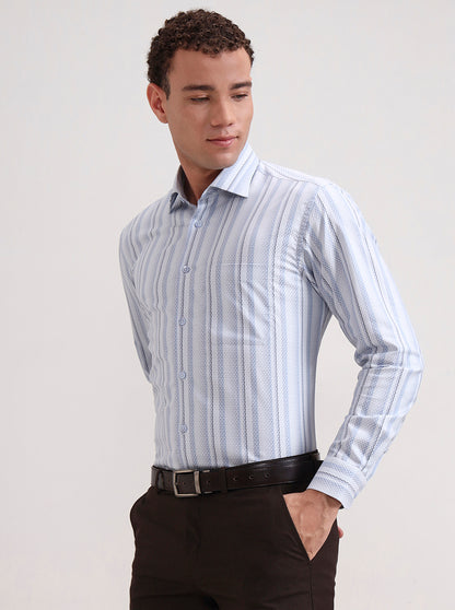 Sky Blue & White Striped Slim Fit Formal Shirt | Metal