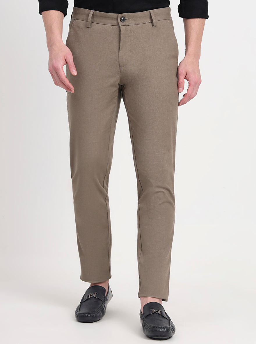 Khaki Solid Slim Fit Casual Trouser | JadeBlue