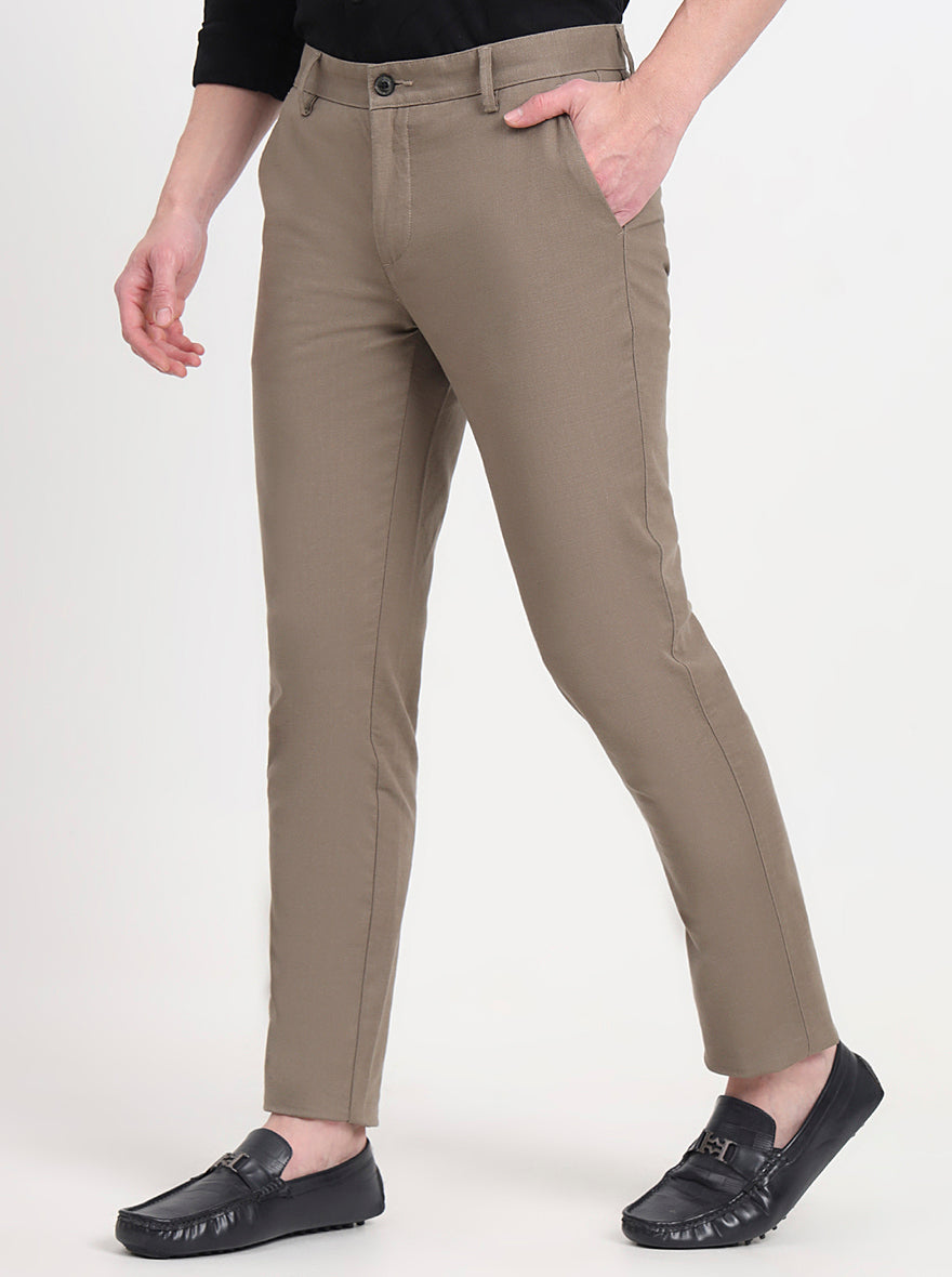 Khaki Solid Slim Fit Casual Trouser | JadeBlue