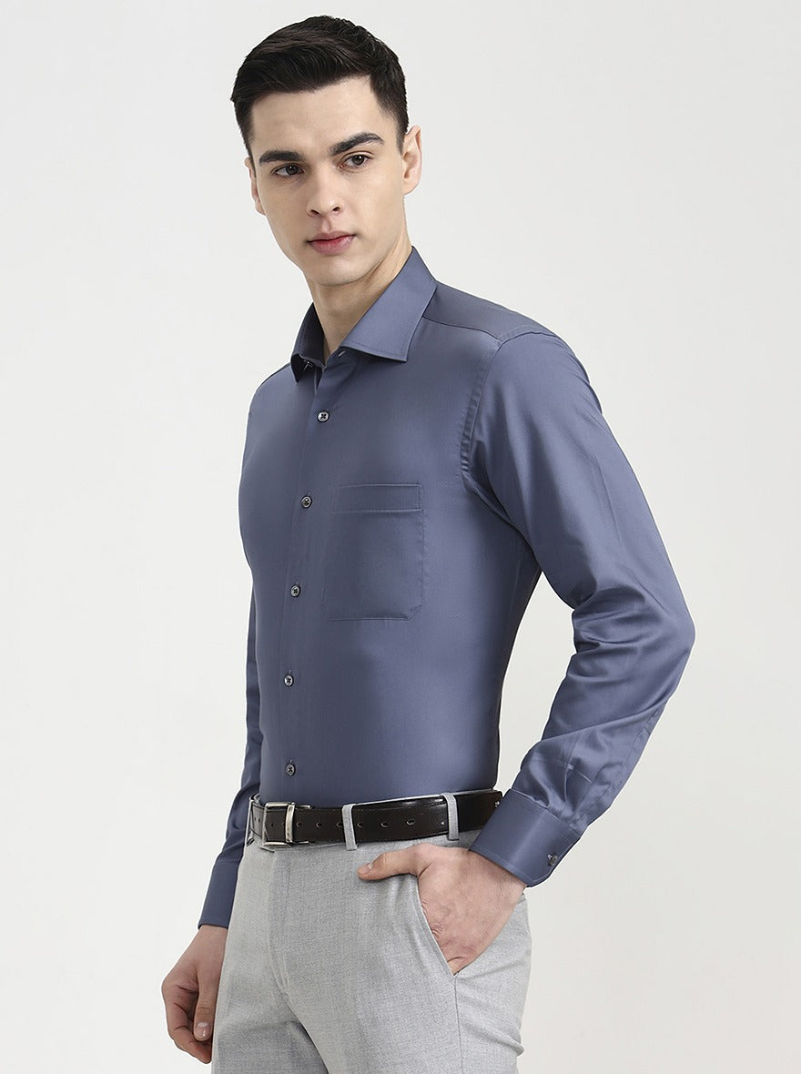 Blue & Grey Solid Slim Fit Formal Shirt | JadeBlue Super Luxe