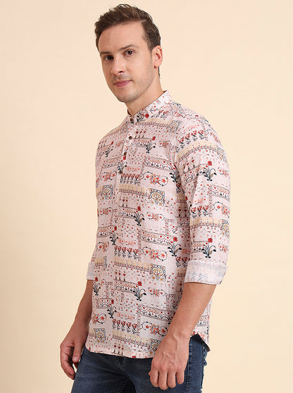 Cream & Rad Printed Slim Fit Party Wear Kurta | Wyre