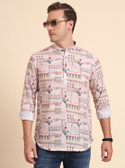 Cream & Rad Printed Slim Fit Party Wear Kurta | Wyre