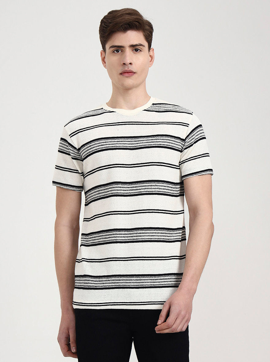 Off White & Black Striped Slim Fit T-Shirt | JadeBlue
