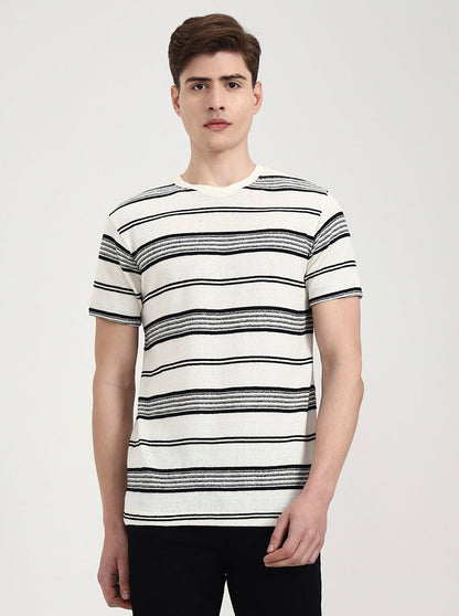 Off White & Black Striped Slim Fit T-Shirt | JadeBlue