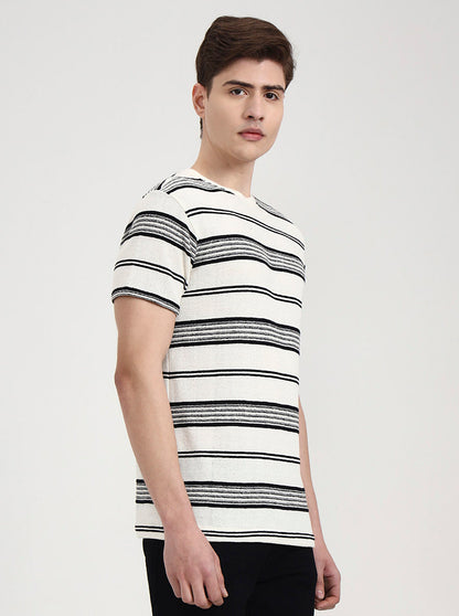 Off White & Black Striped Slim Fit T-Shirt | JadeBlue