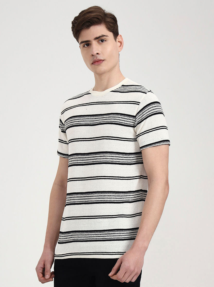 Off White & Black Striped Slim Fit T-Shirt | JadeBlue