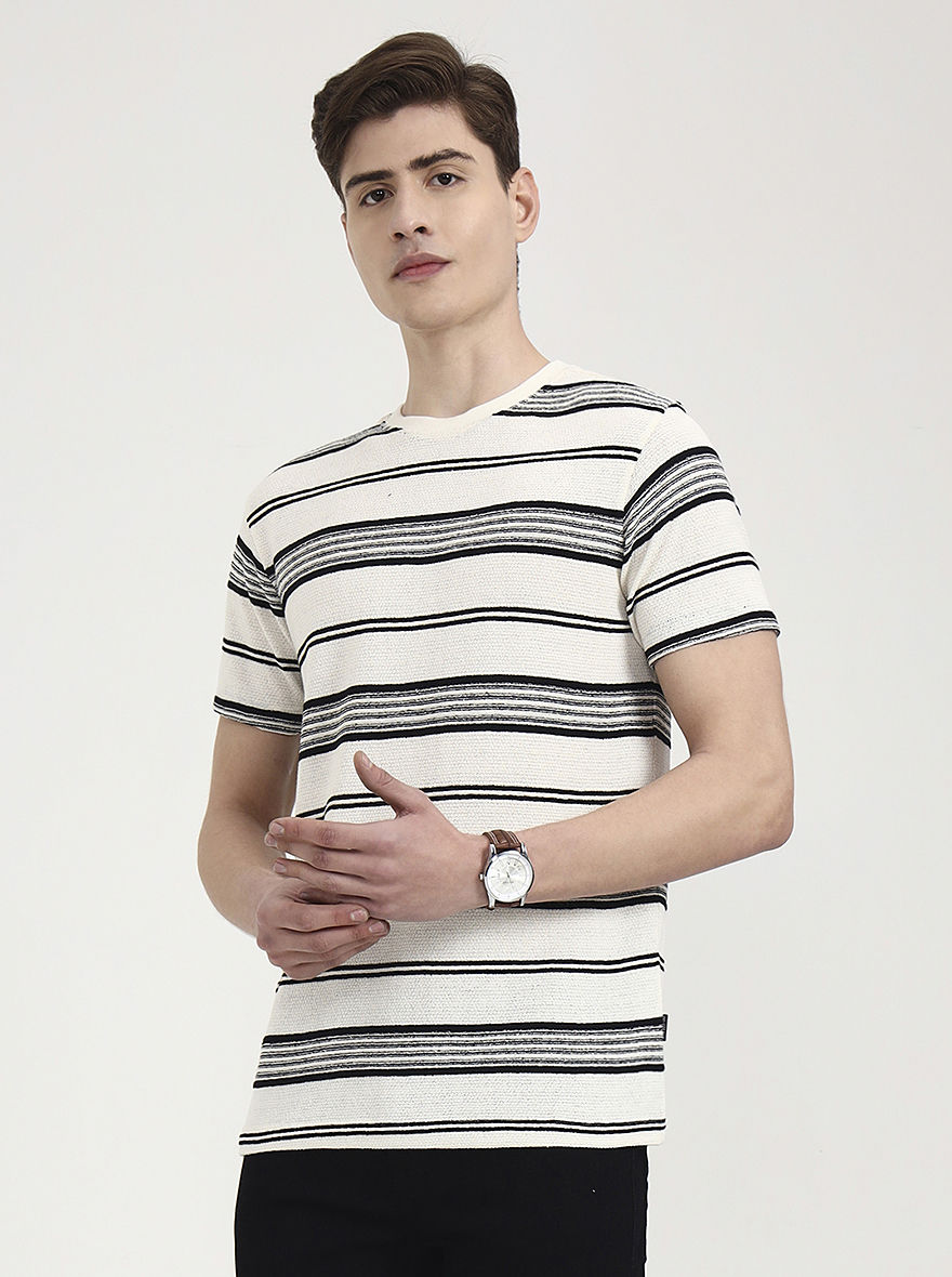 Off White & Black Striped Slim Fit T-Shirt | JadeBlue