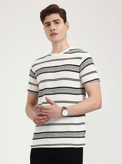 Off White & Black Striped Slim Fit T-Shirt | JadeBlue