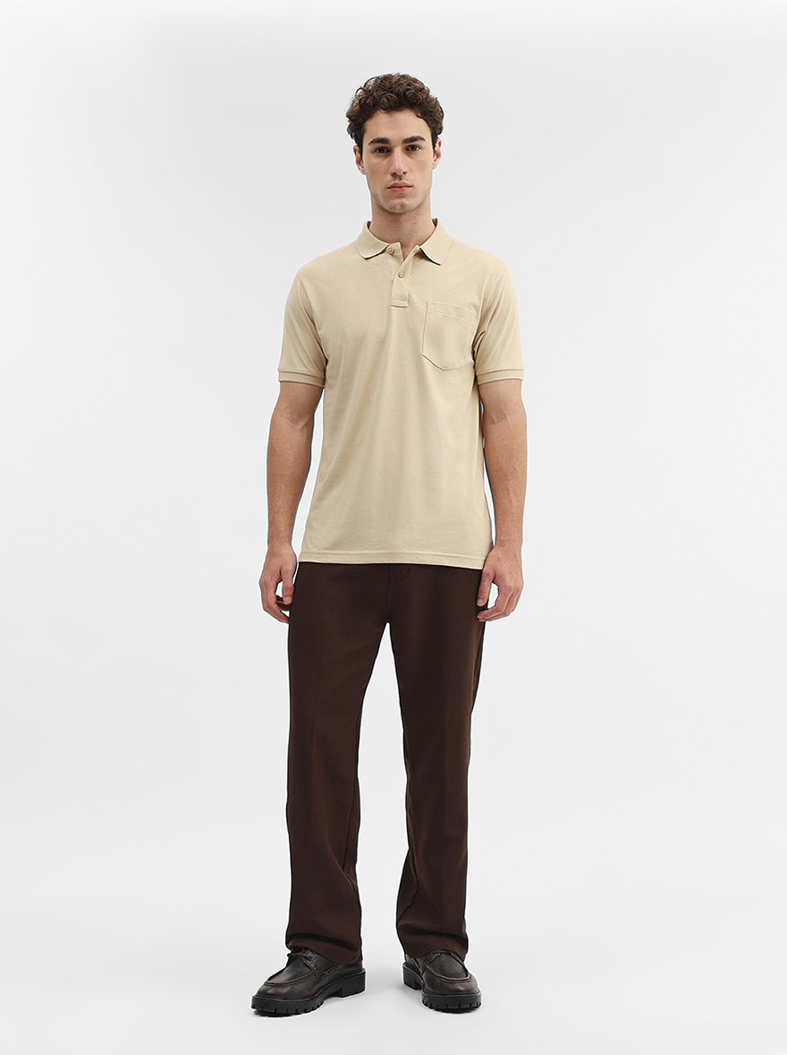 Beige Solid Regular Fit Polo T-Shirt | Greenfibre