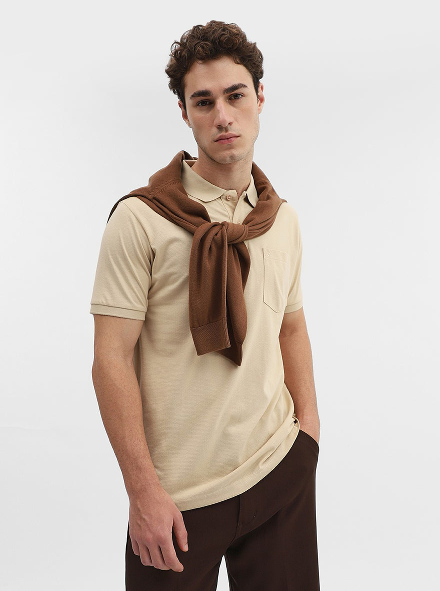 Beige Solid Regular Fit Polo T-Shirt | Greenfibre