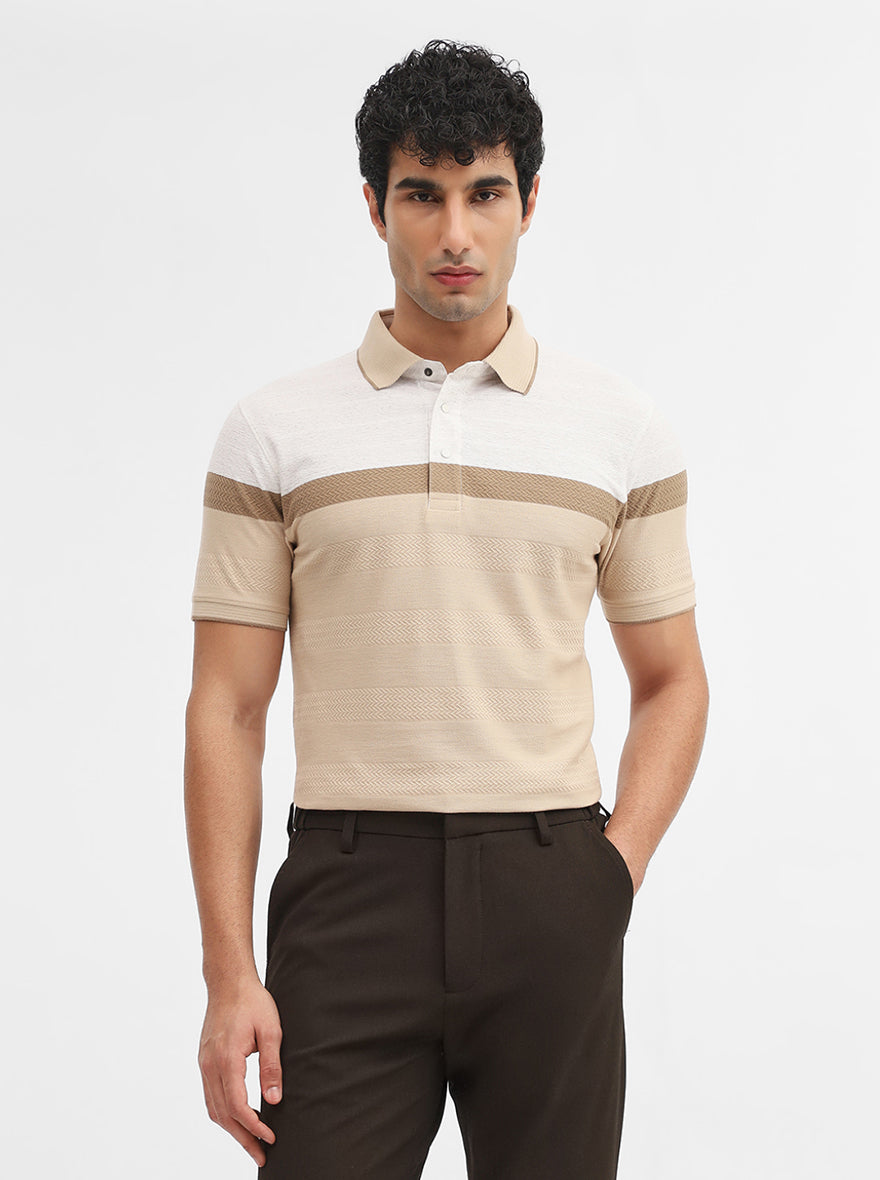 Beige Striped Slim Fit Polo T-Shirt | JadeBlue
