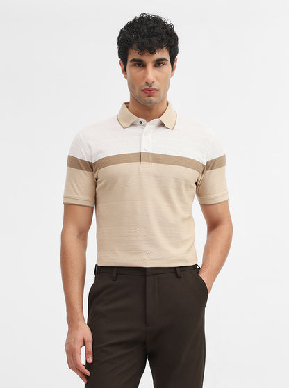 Beige Striped Slim Fit Polo T-Shirt | JadeBlue