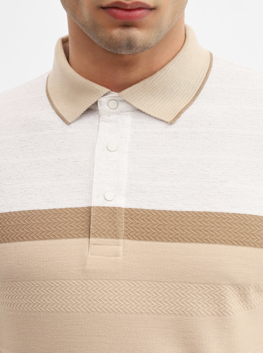 Beige Striped Slim Fit Polo T-Shirt | JadeBlue