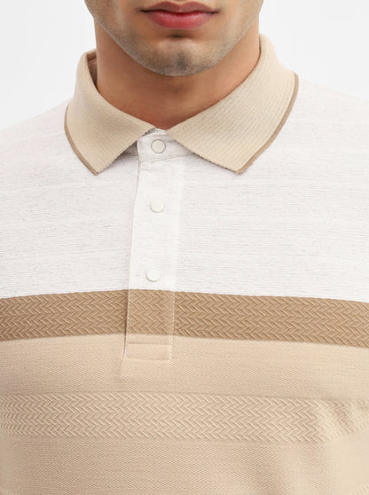 Beige Striped Slim Fit Polo T-Shirt | JadeBlue