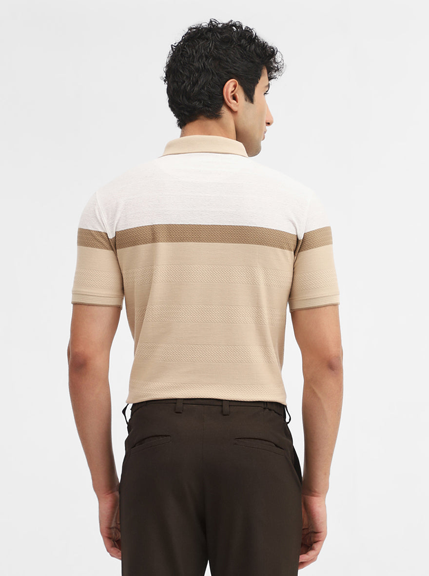 Beige Striped Slim Fit Polo T-Shirt | JadeBlue